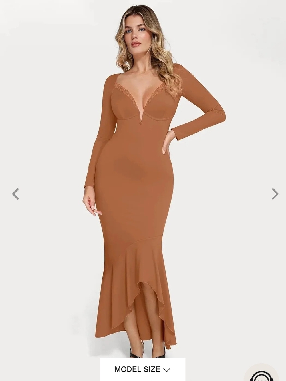 Popilush Medium Shapewear Long Sleeve Lace Trim Sculpting Mermaid Maxi Dress
